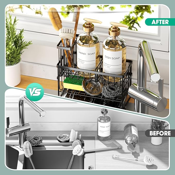 Sponge Holder for Kitchen Sink, 2 Tier Sink Caddy Organizer with High Brush Holder, Self-Draining Sponge Holder for Sinks, Soap Dispenser Organizer, Rustproof 304 Stainless Steel, Black