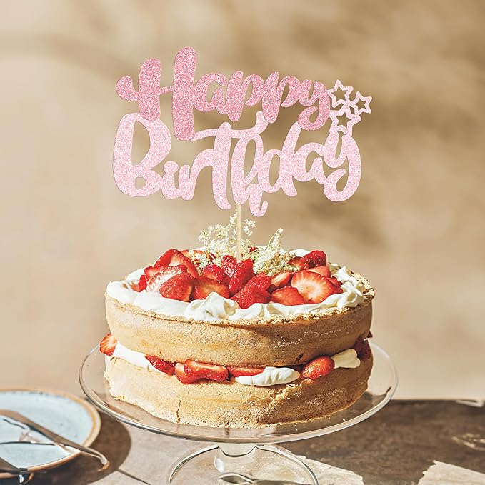 Ephlyn 1Pcs Happy Birthday Cake Topper Glitter Happy Birthday Cake Pick Decorations for Celebrating Happy Birthday Anniversary Theme Party Cake Decorations Supplies Pink Light Pink