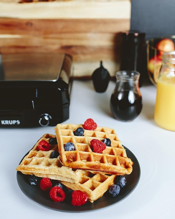 KRUPS 4-Slice Belgian Waffle Maker: Stainless Steel, 5 Browning Levels, Audible Ready Beep, Removable Plates, 1200W, Silver/Black - Perfect for Family Breakfasts