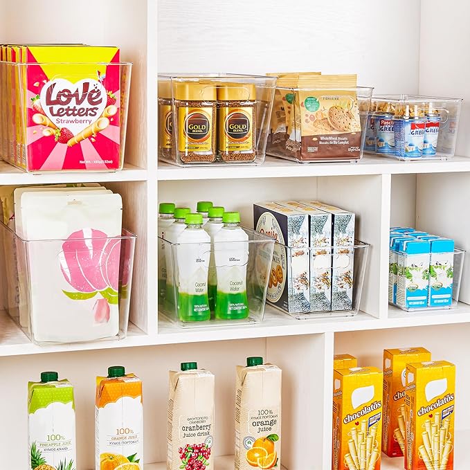 YIHONG Clear Plastic Storage Bins, 4 Pack Small Pantry Organizer Bins with Handle for Kitchen, Freezer,Cabinet,Closet Organization and Storage