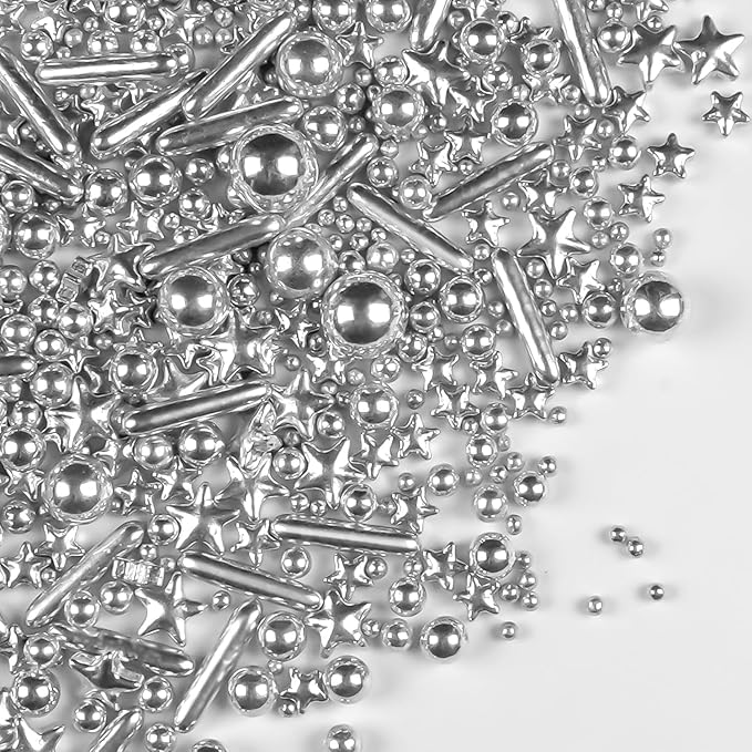 Silver Pearl Rods Star Sugar Sprinkles, Silver Sprinkles for Cake, Edible Pearls Baking Candy, 150g/5.29oz Mix Size, Cupcake Decoration, Wedding Party Supplies