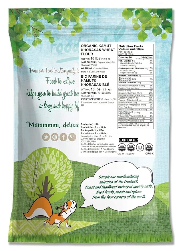 Food to Live Organic KAMUT Khorasan Wheat Flour, 10 Pounds Stone Ground Powder, 100% Whole Grain Meal, Non-GMO, Kosher, Bulk
