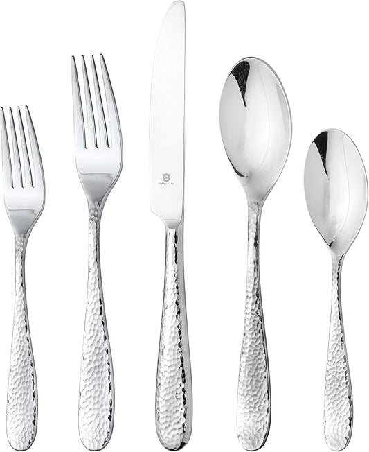 Hammered Silverware Set | Premium 18/10 Stainless Steel Flatware Service for 8 | Heavy-Duty & Dishwasher Safe | Built to Last (40-Piece, Fidenza Hammered)