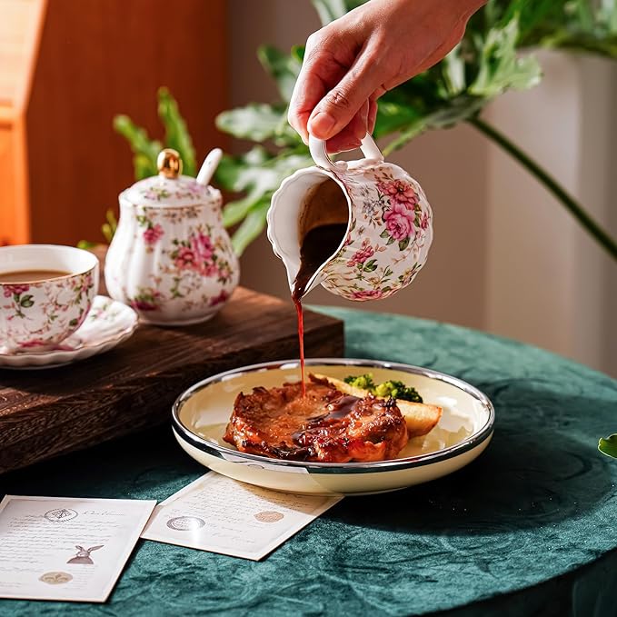 Ceramic Sugar and Creamer Set, 3 Piece Set with Cream Pitcher, Sugar Bowl, Sugar Set with Lid and Spoon (White with flower)