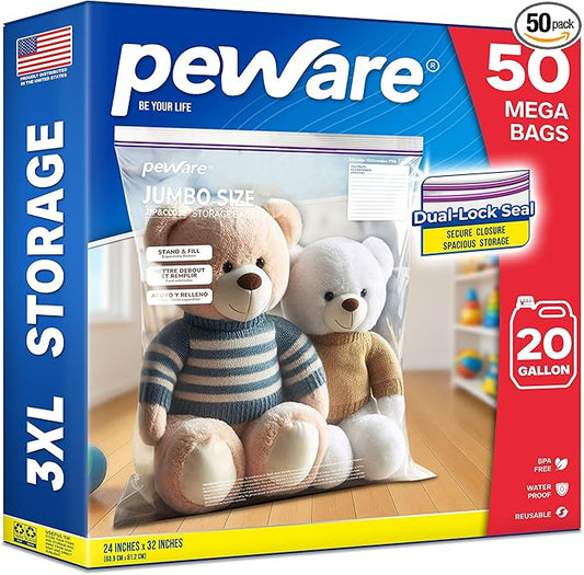 Large Storage Bags, 24"x32" Jumbo Plastic Bag, BPA Free, 20 Gallon 3XL Zipper Lock Baggies for Clothes Pillow Travel Moving - 50 Mega Bags