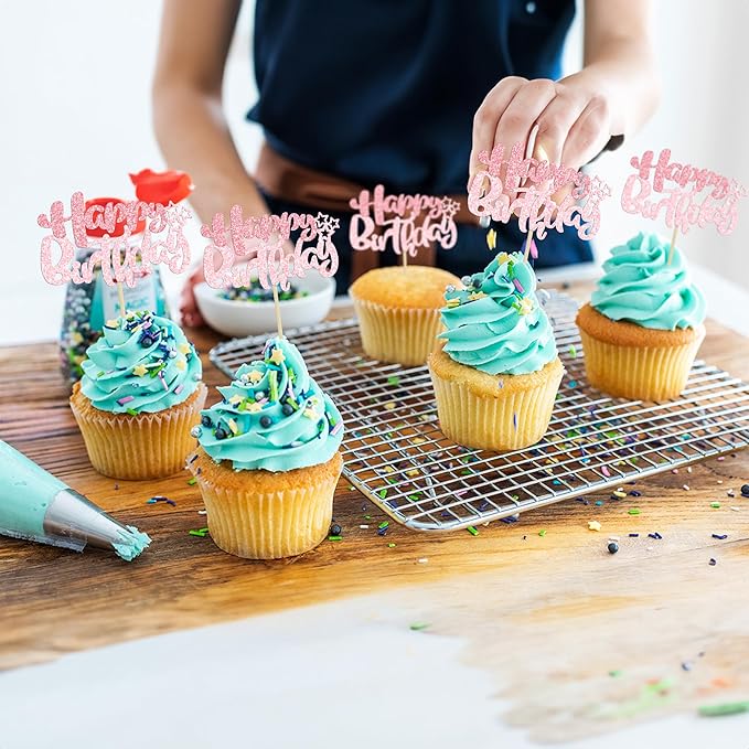 Ephlyn 24Pcs Pink Light Pink Happy Birthday Cupcake Toppers for Baby Shower, Kids Boys Girls Birthday Anniversary Party Cake Decorations