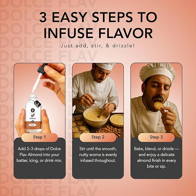 Dolce Flav Natural Almond Extract – 2 Ounce Water-Soluble Kosher, Sugar-Free, Concentrated Pure Almond Flavoring for Baking, Pastries & Beverages, Includes Measured Dropper