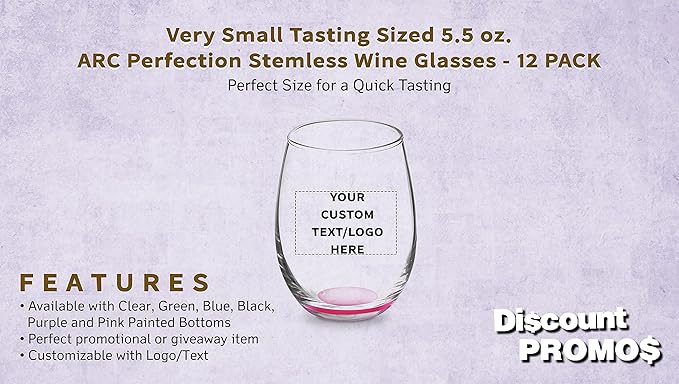 Custom Stemless Wine Glasses by ARC 5.5 oz. Set of 12, Personalized Bulk Pack - Perfect for Hotel, Bar, Restaurant or Lounge - Pink