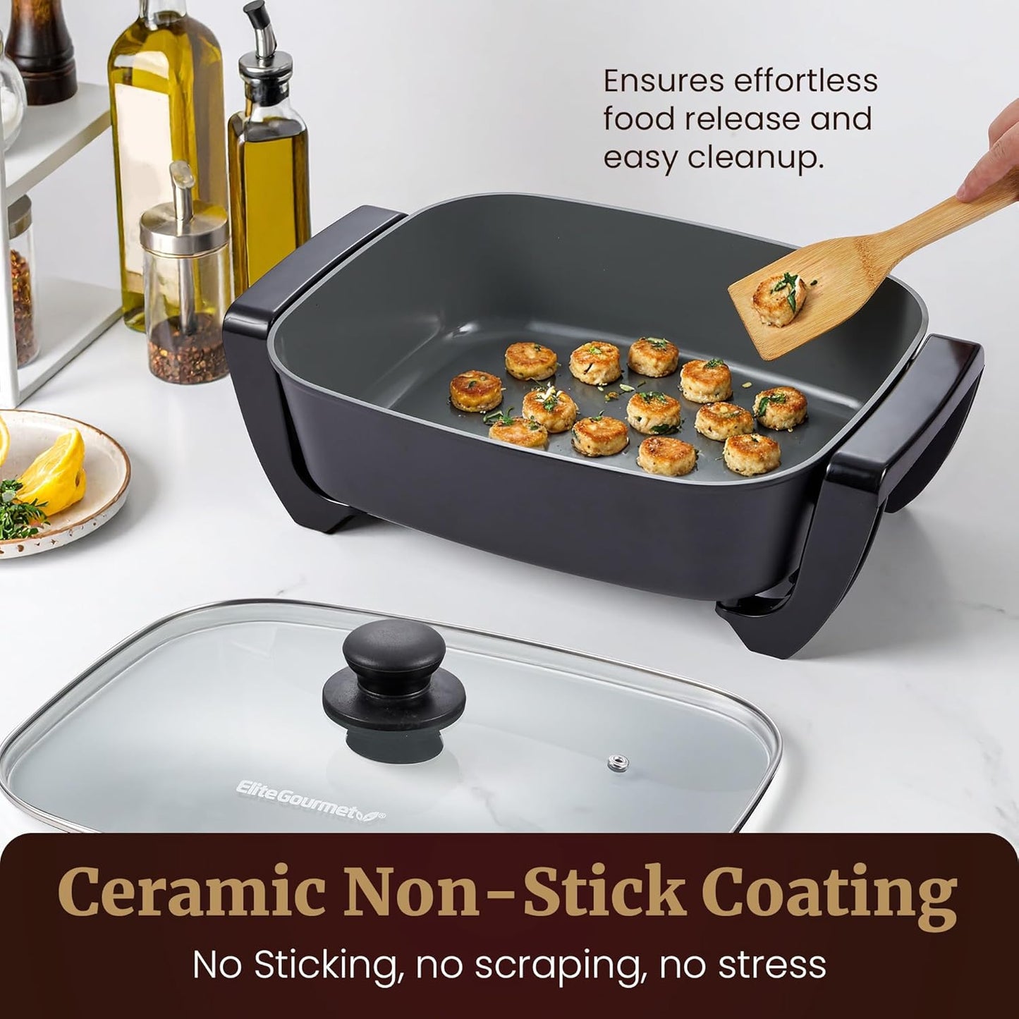 Elite Gourmet EG2615 15" x 12" x 4” Electric Skillet, Durable Xtra Deep Dish, PFAS Free Ceralast™ Ceramic Non-stick, 1500W Rapid Heat, Tempered Glass Vented Lid, Dishwasher Safe, 12.5 Qt., Black/Gray