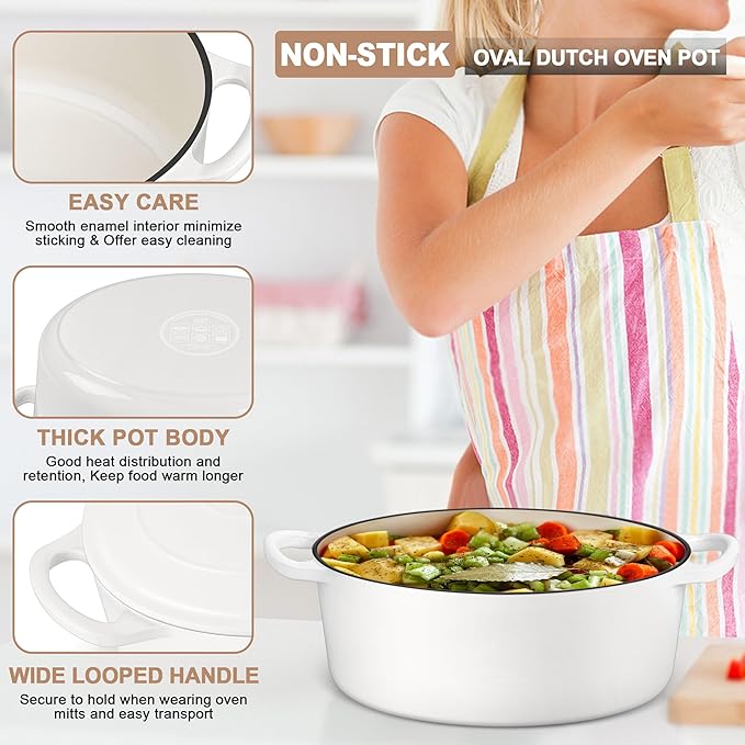 E-far 7QT Oval Dutch Oven Pot with Lid, Enameled Cast Iron Dutch Oven with Dual Handles for Sourdough Bread Baking Cooking, Nonstick Enamel Coated Cookware(White), Non-Toxic & Easy Clean