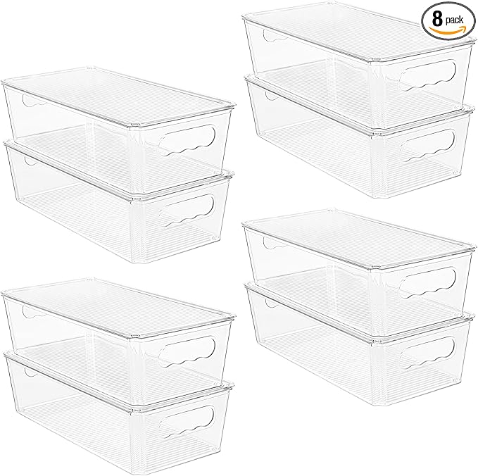 Vtopmart 8pcs Clear Organizers and Storage Bins with Lids, Stackable Plastic Storage Containers with Handles for Fridge, Freezer, Pantry, Cabinet, Kitchen Organization