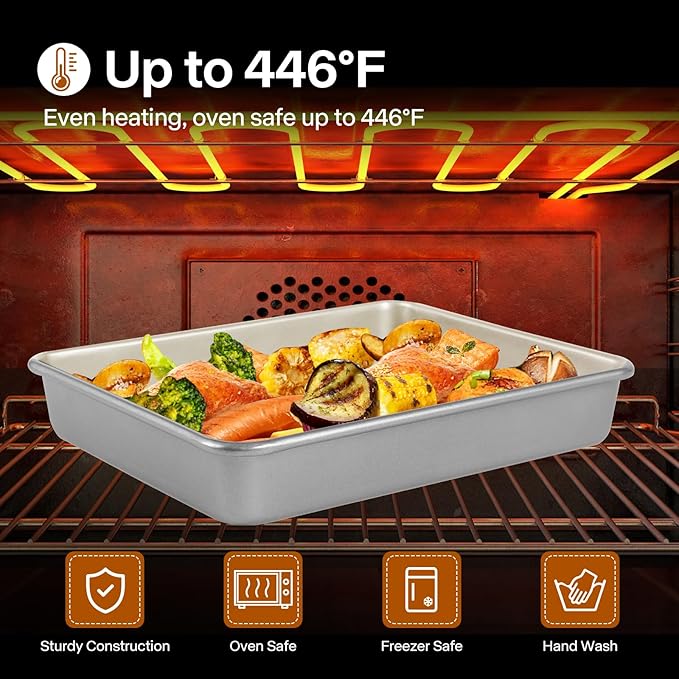 9x11 Baking Pan, Rectangle Cake Pan, 2-Pieces Nonstick Sheet Cake Pans Heavy Duty, Toaster Oven Tray Deep Size for Lasagna, Brownie, Siliver