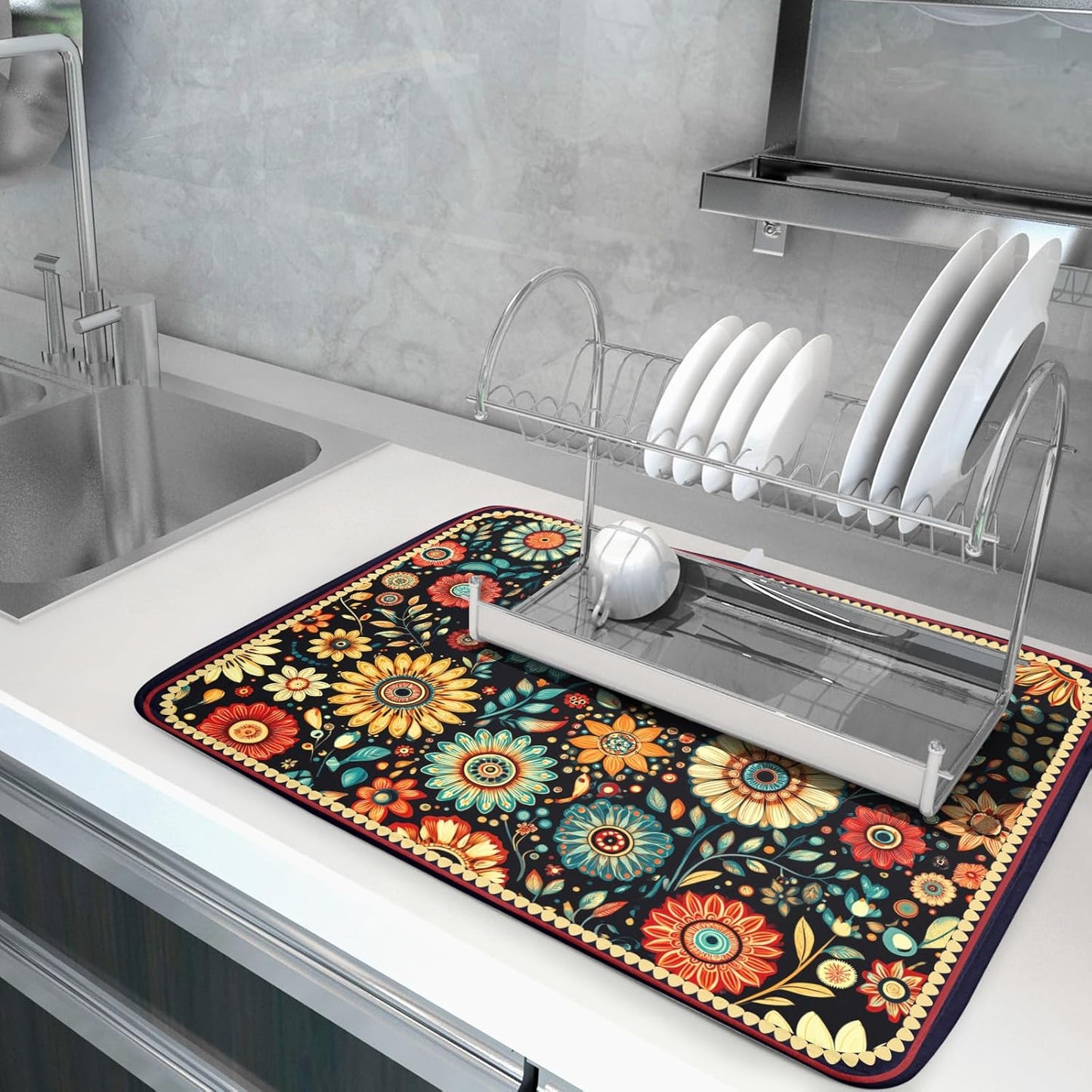 Boho Floral Dish Drying Mat for Kitchen Counter Absorbent Microfiber Flowers Drying Pad 18 X 24 In
