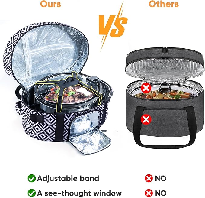 Insulated Slow Cooker Carrying Bag for 6-8 Quart CrockPot and Hamilton Beach Slow Cooker with See-thought Window, Portable Carrier Case with Adjustable Band and Accessory Pocket