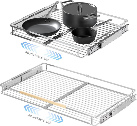 2Pack Expandable Pull Out Cabinet Organizer, 17.1~28"W x 22.5"D Heavy Duty Slide Out Shelves Adjustable Height Cabinet Pull Out Shelves,Expandable Width Spice Rack Organizer for Kitchen
