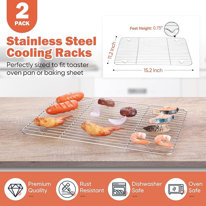 Homikit Wire Rack for Cooking, Stainless Steel Large Baking Cooling Rack for Oven Cooking Roasting Grilling Bacon Cookies, Fit Jelly Roll Sheet Pan, Dishwasher Safe,15.2”*11.2”