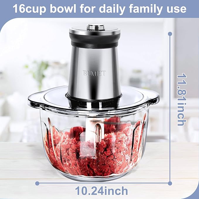 Electric Meat Grinder 850W Food Chopper Food processor with LED timer one 16cup thick glass bowl, 2 sets three-layers 6 blades cutter by BUMET