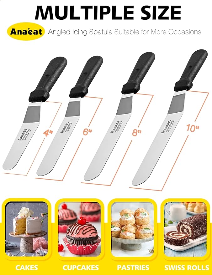 Anaeat Icing Spatulas, Set of 4 Professional Cake Angled Offset Spatula with 4", 6", 8", 10" Stainless Steel Blades - Thickened Frosting Knife with Plastic Handle for Cake Decorating, Pastry & Baking