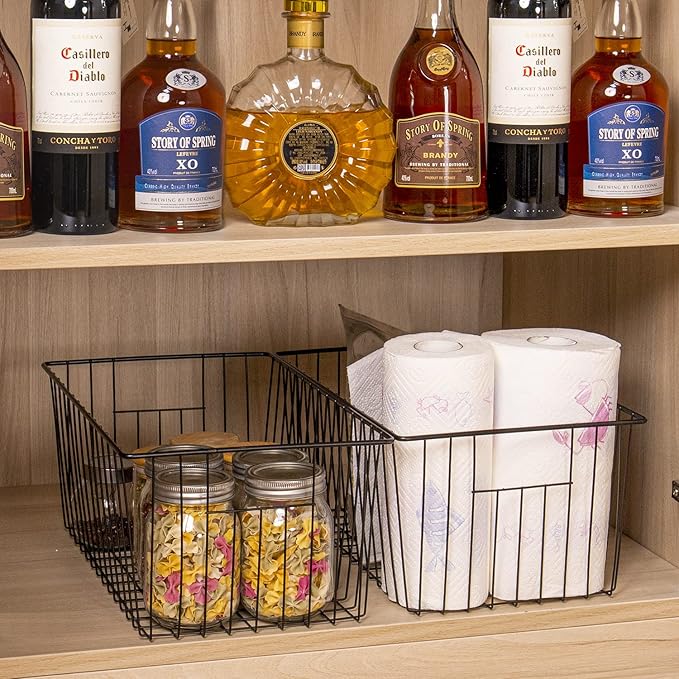 16inch Freezer Storage Organizer Baskets, Refrigerator Metal Wire Basket Bins with Handles for Kitchen, Pantry, Cabinet, Closets(Black, 3Pack)