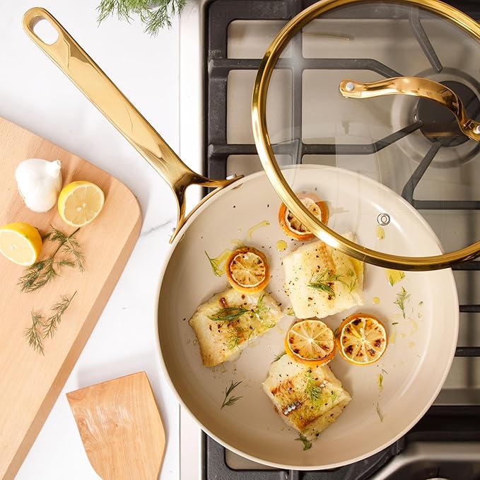 bloomhouse - Oprah's Favorite Things - 10 Inch Heavy Duty Aluminum Premium PFA Free Ceramic Nonstick Saute/Deep Frying Pan Skillet with Lid - Almond Cream w/Gold Handle