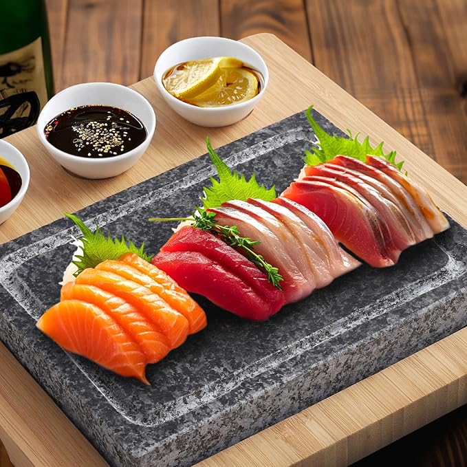Artestia Professional Steak Stone Grill Set - 2pcs Natural Granite Cooking Stones for Indoor & Outdoor BBQ Hibachi - Heat-Resistant Stones (2 Granite Stone+1 Bamboo Tray+3 Sauce Bowls)