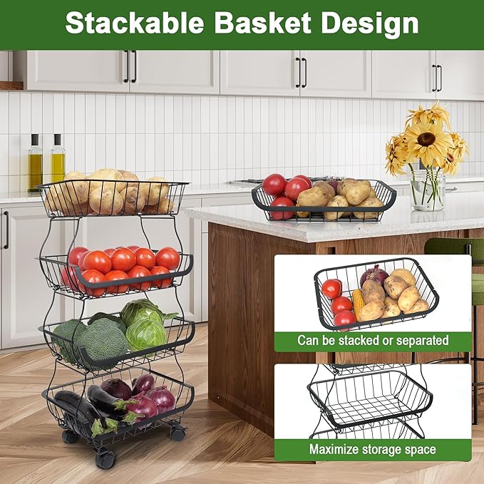 Fruit Vegetable Storage Basket, Kitchen Fruit Vegetable Storage Cart, 4 Tier Stackable Metal Wire Storage Baskets with Wheels, Produce Basket Organizer Bins for Pantry, Bathroom, Black