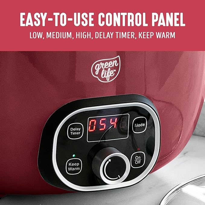 GreenLife 6QT Slow Cooker, Non-Toxic PFAS-Free Ceramic Nonstick Removable Interior Bowl, Programmable, Family Friendly, Keep Warm, Stovetop & Oven Safe, Dishwasher Safe Parts, Timer, Glass Lid, Red