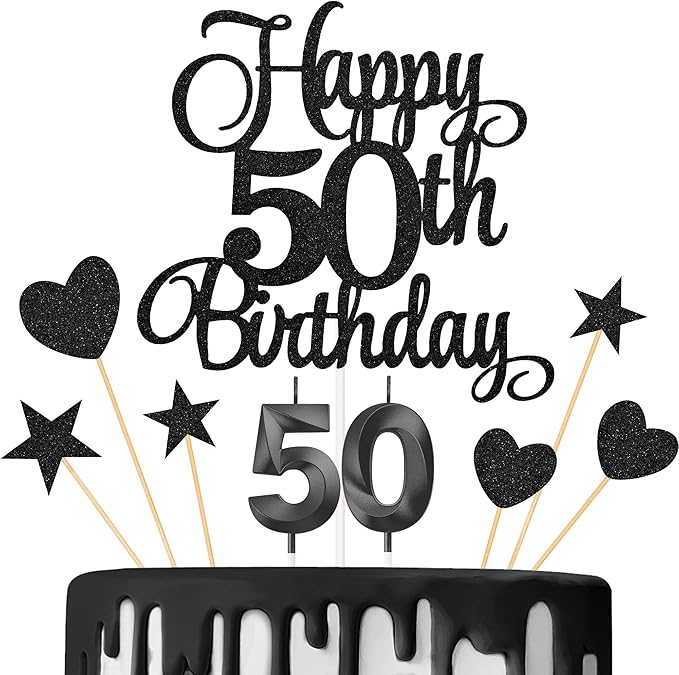 50th Birthday Cake Decorations, 50th Birthday Candles Cake Numeral Candles and Glitter Happy 50th Birthday Cake Toppers Set for Birthday Party Supplies (Black)