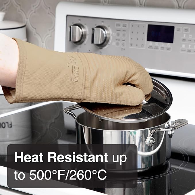 All-Clad Premium Silicone Oven Mitt: Heat Resistant to 500 Degrees - 100% Cotton & Silicone, 14"x7" Pot Holder for Kitchen and Barbeque, (1-Pack), Cappuccino