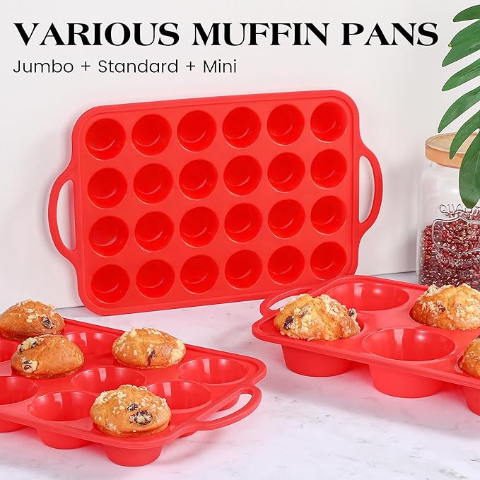1 Pc Silicone Muffin Pan for Baking with Metal Frame, Nonstick 12 Cup Regular Size Cupcake Pan, Silicone Muffin Tray for Egg Bites (Red)
