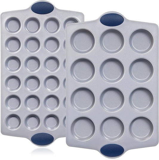 BRONYPRO Ceramic Muffin Pan, 12-Cup and 24-Cup Nonstick Aluminized Steel Mini Cupcake Pans, Healthy Non-Toxic Ceramic Coating Muffin Tin, 2 Pack Cup Cake Pans for Baking Blue