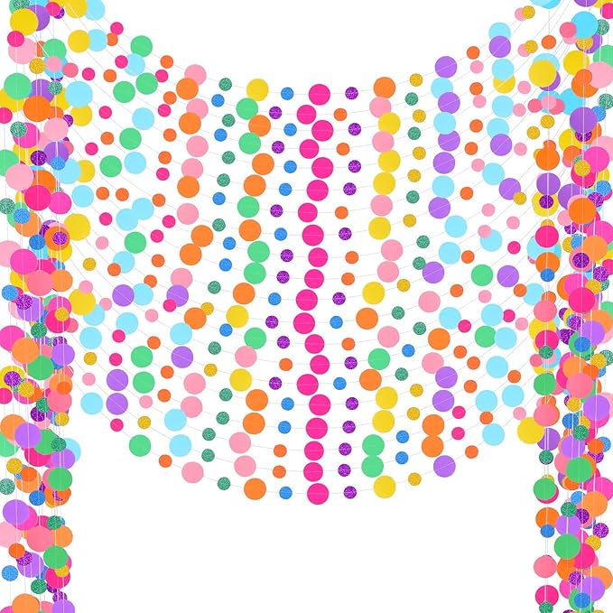 Outus 20 Pieces Colorful Dots Paper Garland Round Glitter Garland Hanging Confetti Streamers Backdrop Decoration for Birthday Classroom Candy Sprinkles Trunk or Treat Party (Rainbow)