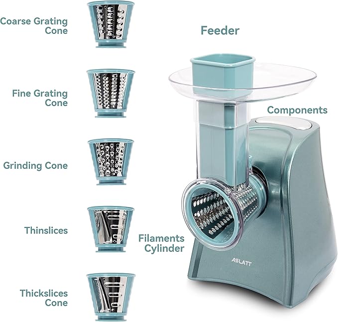 One-Touch Control Cheese Grater Machine - Electric Shredder for Vegetables, Fruits, Potato - Salad Maker with 5 Free Attachments, Green
