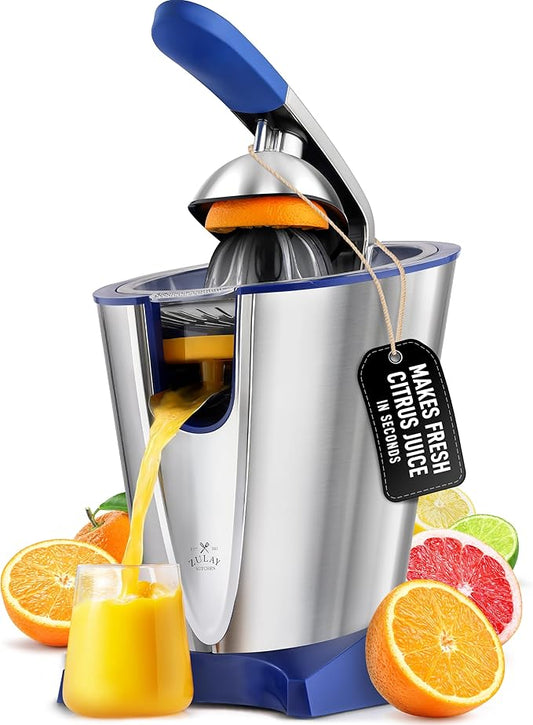 Zulay Electric Citrus Juicer - Makes Fresh Orange, Lemon, Grapefuit, Lime Juice - Stainless Steel, 160W Powerful & Quiet, Interchangeable Cones -Filters Out Seeds & Pulp - Dishwasher Safe Parts - Blue