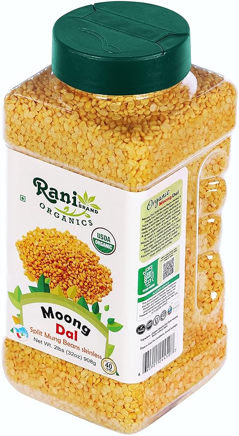 Rani Organic Moong Dal (Split Moong Beans Skinless) Indian Lentils 32oz (2lbs) 908g PET Jar ~ All Natural | Vegan | Gluten Friendly | NON-GMO | Indian Origin | USDA Certified Organic