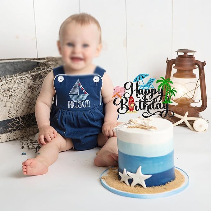 Gyufise 1Pcs Summer Beach Happy Birthday Cake Topper Glitter Ball Tree Umbrella Pool Cake Pick for Hawaiian Holiday Baby Shower Birthday Party Cake Decorations Supplies Black