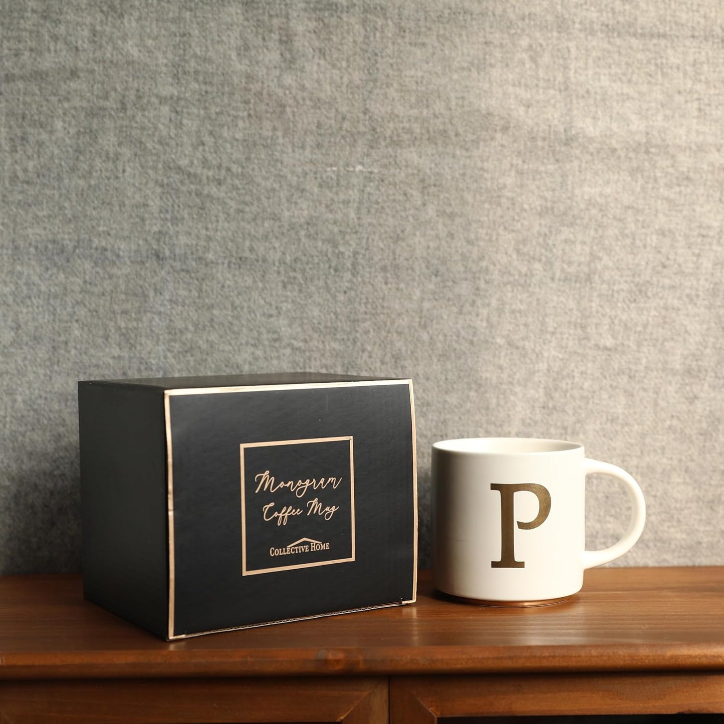 COLLECTIVE HOME - Monogram Ceramic Mugs, 15 oz Golden Initial Coffee Cups, Elegant Alphabet Tea Mugs, Elegant Personalized Mug with Gift Box, Unique Mug with Double Side Capital Letter (P)
