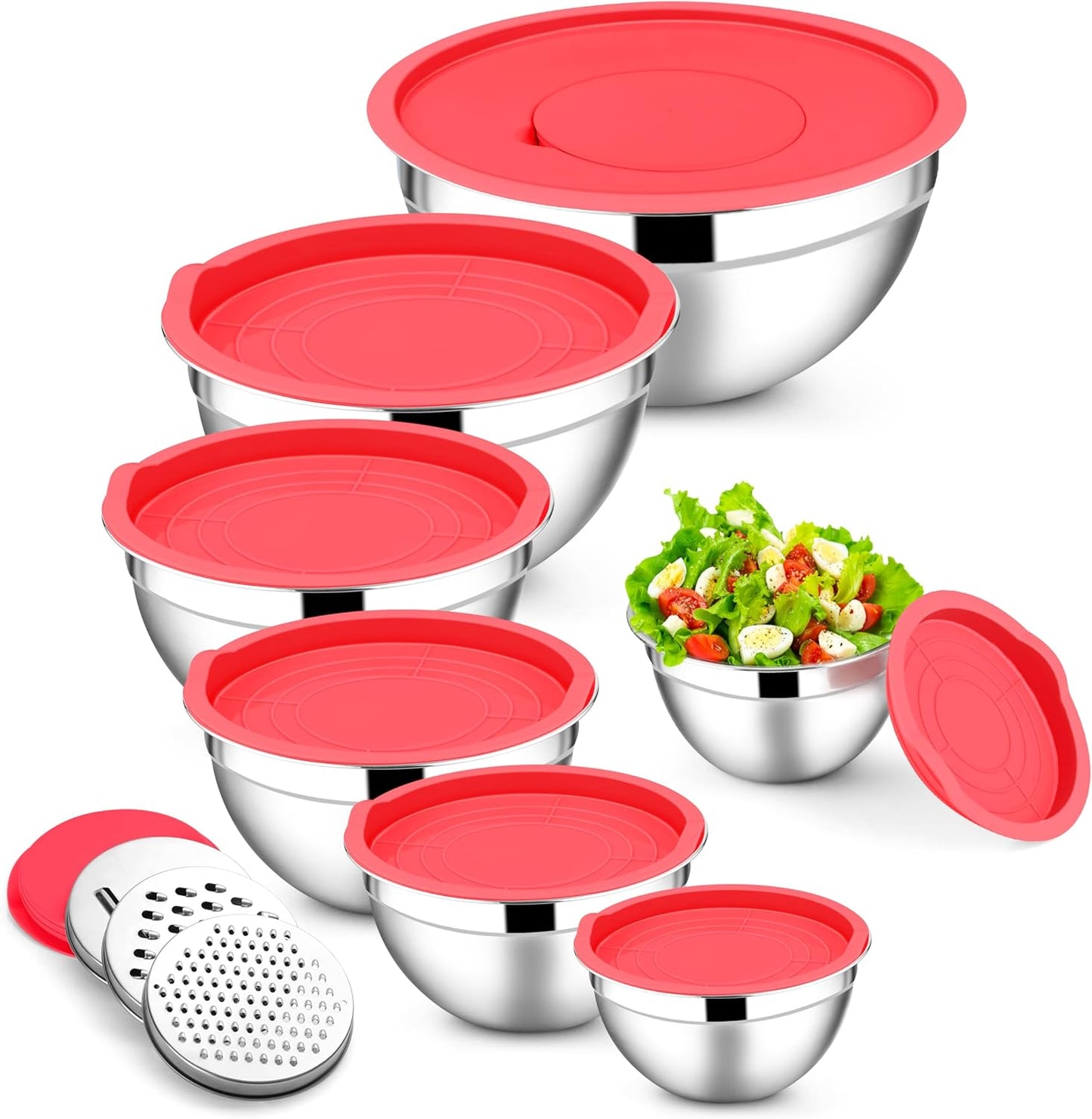 E-far Mixing Bowls with Lids Set, 7-Piece Stainless Steel Mixing Salad Bowls with 3 Grater Attachments, Size 4.6, 3.5, 2.6, 2, 1.5, 1, 0.7QT, Nesting Design & Red Airtight Lids, For Baking/Cooking