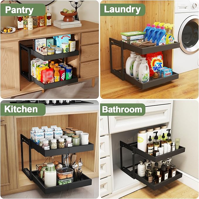 2 Tier Pull Out Cabinet Organizer ,Adjustable Width & Height,Expandable Pull-Out Drawers For Cabinets, Slide Out Shelves for Kitchen Cabinets / Countertop / Pantry,Heavy-Duty & Easy to Install(Black)