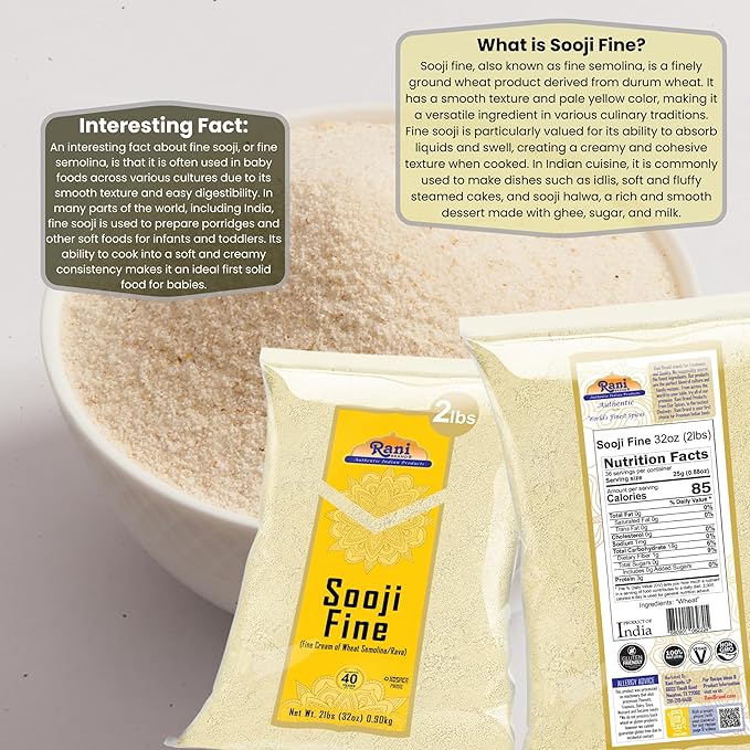 Rani Sooji Fine (Farina, Suji, Rava, Wheat) Flour 32oz (2lbs) 908g ~ All Natural | Vegan | NON-GMO | Kosher | Indian Origin