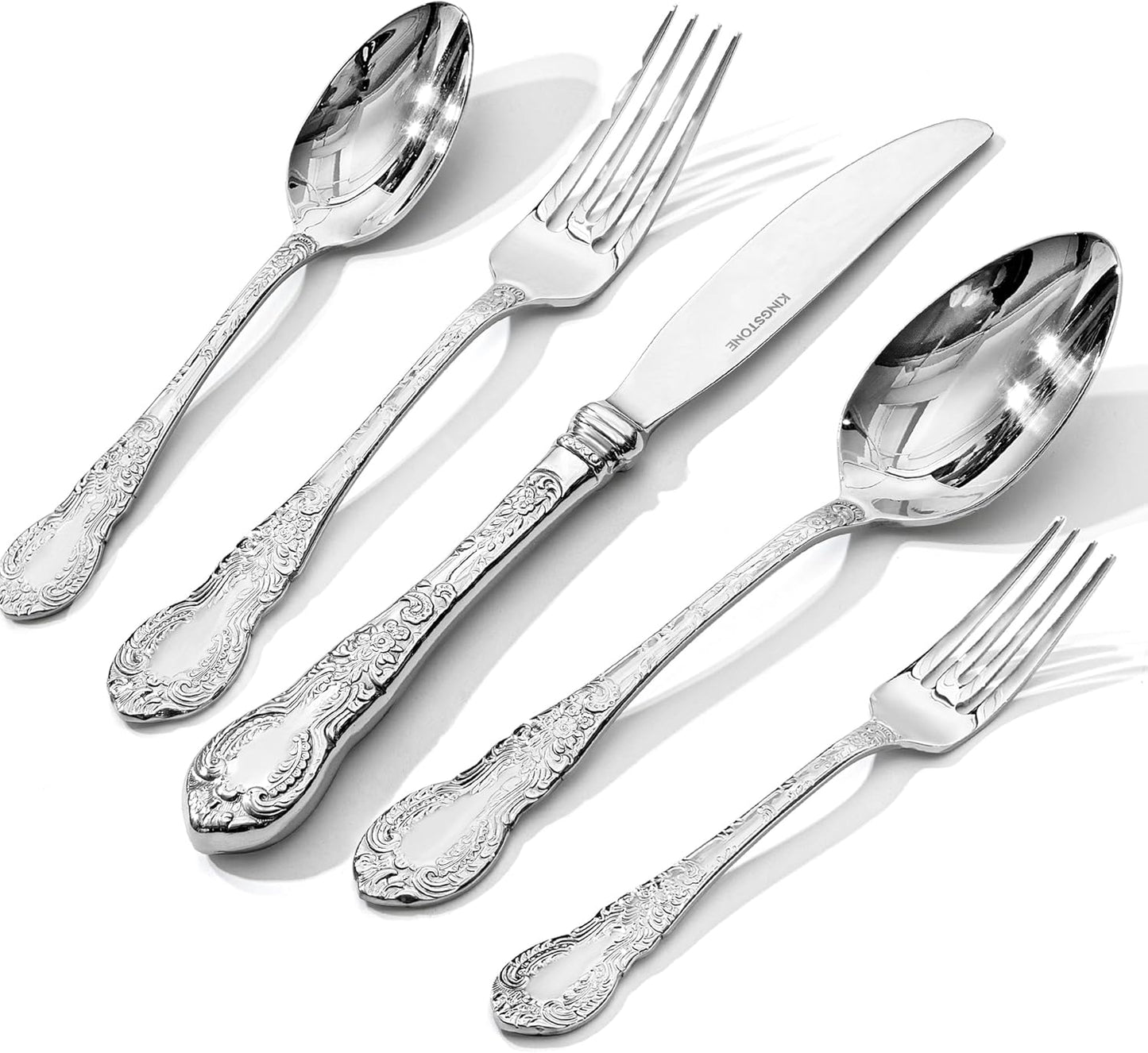 KINGSTONE Vintage Carved Silverware Set, 10-Piece 18/10 Stainless Steel Flatware Cutlery Set with Retro Royal Thick Handle, Tableware Utensils for Home, Restaurant, party, Wedding, Dishwasher Safe