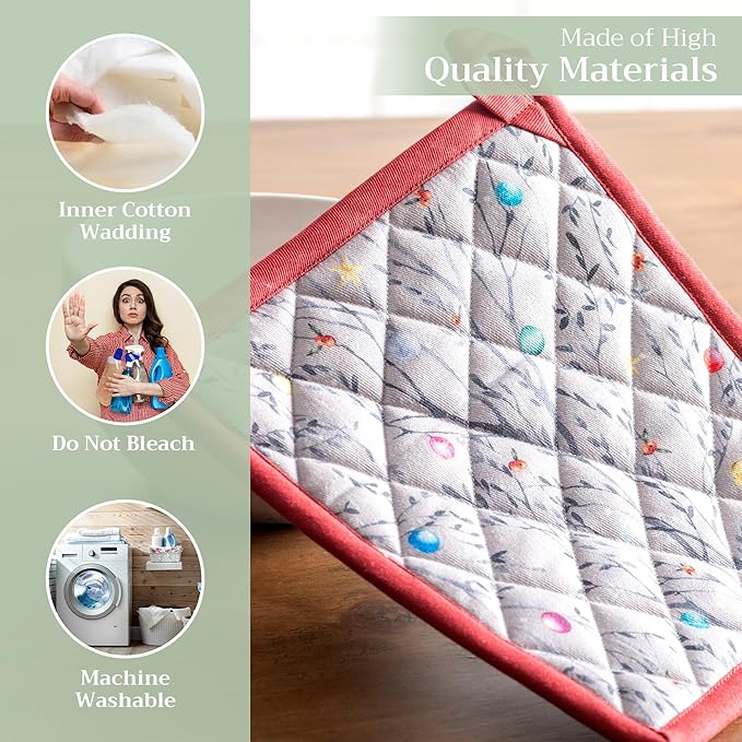 Maison d' Hermine Pot Holders 100% Cotton Heat Resistant Potholders 8" x 8" Hot Pads with Loop BBQ, Cooking, Baking, Grilling, Kitchen, Handling Hot Pans (Pack of 1, Fairy Christmas)