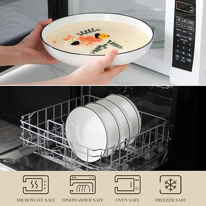 MALACASA 10" Large Pasta Bowls, 56 OZ White Salad Bowls Soup Bowls, Porcelain Serving Bowls Set of 4, Ivory White & Black Rim, Microwave & Dishwasher Safe, Series REGULAR