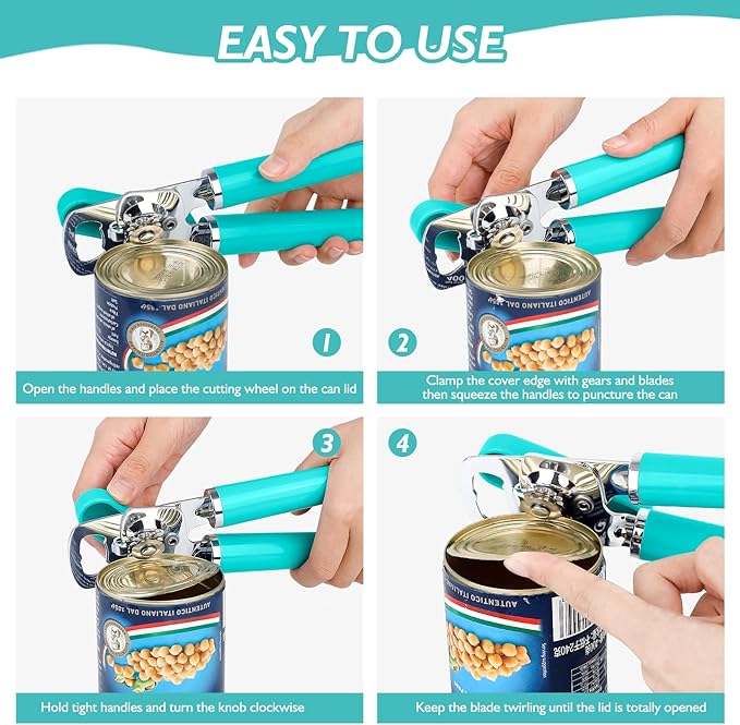 10 Colors Can Opener Manual Handheld Heavy Duty Hand Can Opener Smooth Edge Stainless Steel Can Openers Top Lid Kitchen Gadgets, Best Large Rated Easy Turn Knob, with Bottle Opener, Aqua Sky