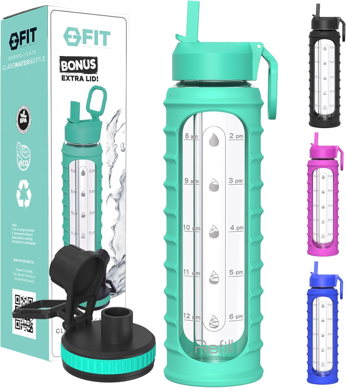 FIT Strong & Healthy 32 oz Glass Water Bottle with Straw Lid, Time Marker, Sleeve & Extra Lid - Motivational, Wide Mouth 1 Liter Glass Drinking Bottle