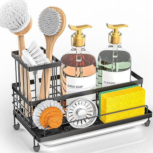 Cisily Large Capacity Kitchen Sink Caddy Organizer, Rustproof Non-Slip Sponge Holder With Dish Brush Holder Organizer, Kitchen Organization and Storage, Essentials Accessories for Countertop