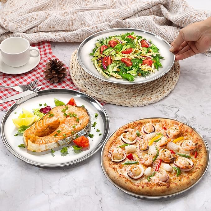 P&P CHEF 10 Inch Pizza Pan, Stainless Steel Round Pizza Tray Baking Pans, Pizzas Plate Serving Tray for Cookie Meat, Oven & Dishwasher Safe & Easy Cleaning, (Mirror Finish) - 8 Pieces