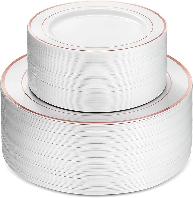 Munfix 100 Rose Gold Rim Plastic Plates Set, 50 Pcs 10 Inch Dinner and 50 Pcs 7 Inch Plastic Dessert Plates, Elegant Fancy Heavy Duty Disposable Plates for Party, Wedding, White Rose Gold Rim