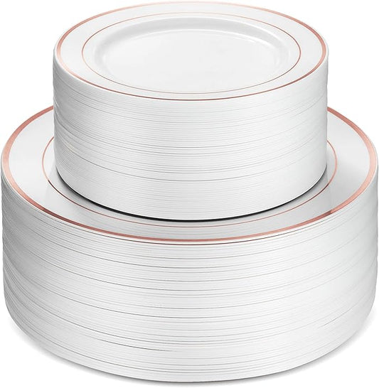 Munfix 100 Rose Gold Rim Plastic Plates Set, 50 Pcs 10 Inch Dinner and 50 Pcs 7 Inch Plastic Dessert Plates, Elegant Fancy Heavy Duty Disposable Plates for Party, Wedding, White Rose Gold Rim