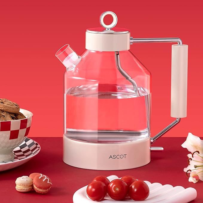 Electric Kettle, ASCOT Glass Electric Tea Kettle 1.5L 1500W Retro Tea Heater & Hot Water Boiler, No Plastic, BPA-Free, Cordless, with Auto Shut-Off and Boil-Dry Protection (Creme)